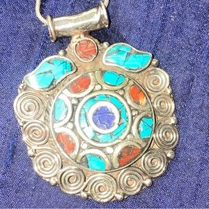 Huge Tibetan Turquoise + Red Coral handcrafted Pendant